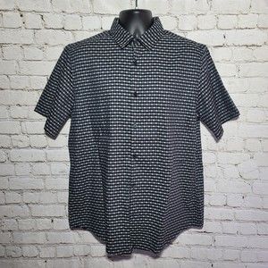 ALFANI Men's Shirt New Black Plaid Check Short Sleeve Button Up Collared Large